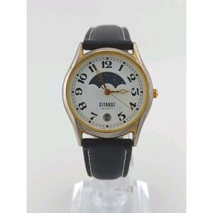 Vintage Gitano Quartz Watch 33mm Moon Phase Gold Tone Date Leather New Battery